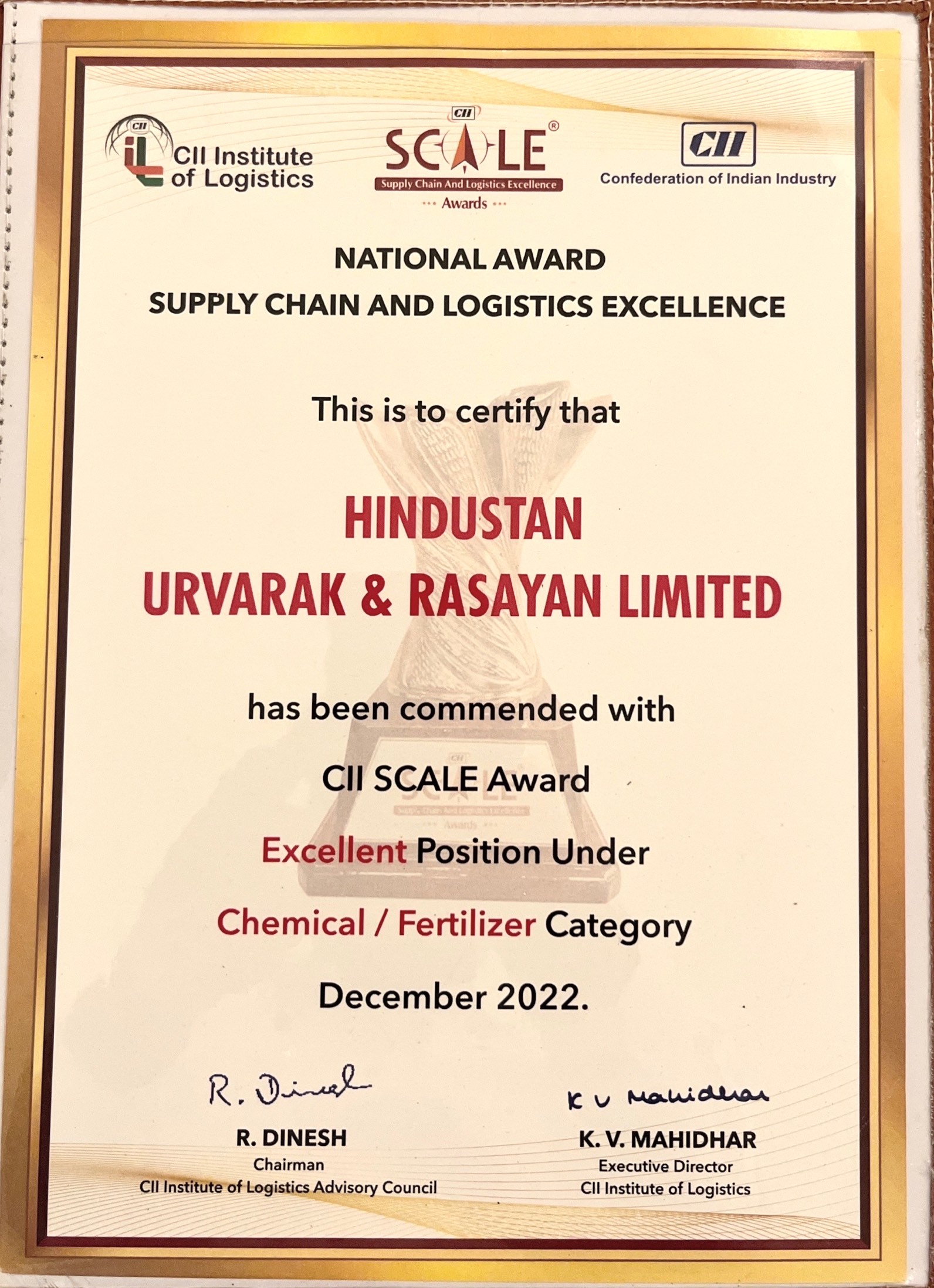 HURL won awards in Two categories – "Supply Chain and Logistics Excellence (SCALE)" in "chemical and fertiliser category" & "Resilience Excellence" in "Supply Chain Category"